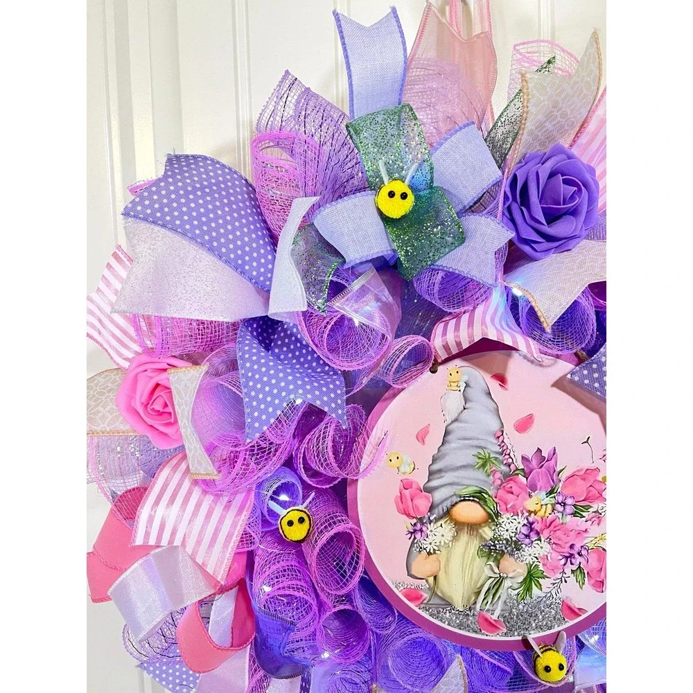 Handmade Spring Floral Bee Gnome Prelit Ribbon Wreath 22 in LED W1